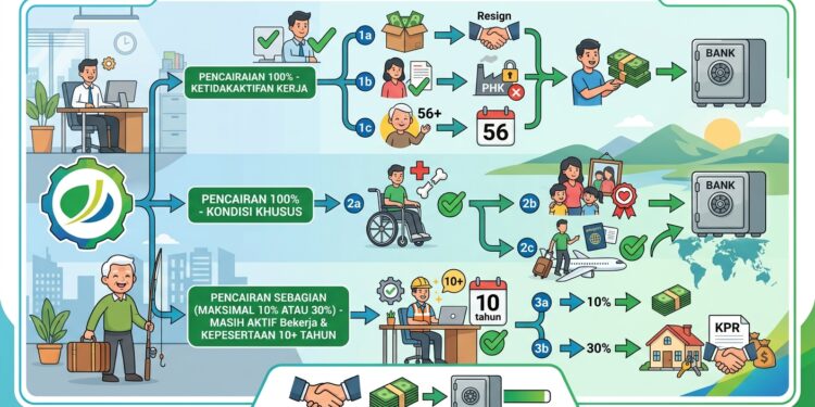 kapan JHT BPJS Ketenagakerjaan bisa dicairkan, cara mencairkan JHT, pencairan JHT BPJS Ketenagakerjaan, syarat pencairan JHT, JHT cair sebagian, JHT cair penuh, klaim JHT BPJS Ketenagakerjaan, pencairan JHT 10 persen, pencairan JHT 30 persen, syarat klaim JHT