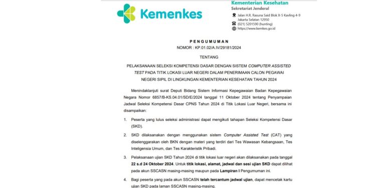 Jadwal dan Lokasi Ujian SKD CPNS Kemenkes 2024 di Titik Luar Negeri